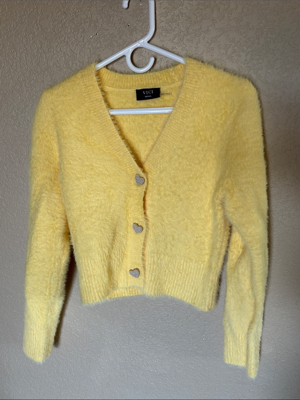 VICI “Be still my heart” Yellow Fuzzy Heart-Button V-Neck Cardigan